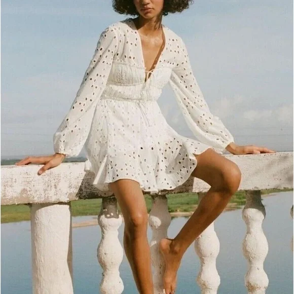 Gianni Bini NWT Katrina Eyelet V-Neck Long Sleeve A-Line Dress S - Picture 1 of 5